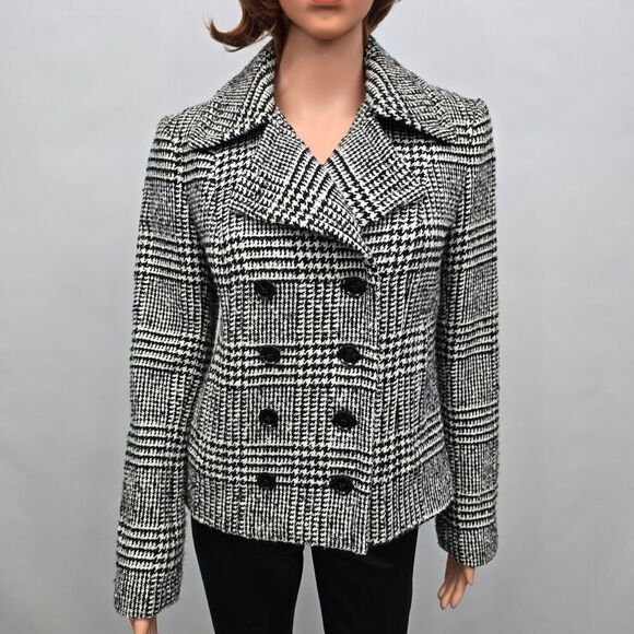 Banana Republic Houndstooth Plaid Jacket Peacoat Wool Blend Size 4 Black White - Picture 5 of 12